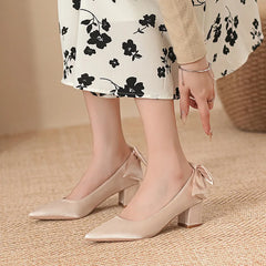 LBSFY  -  Size 30-44 Chunky Heel Pointed Bow High Heels Satin Champagne Color White Wedding Shoes Women Pumps