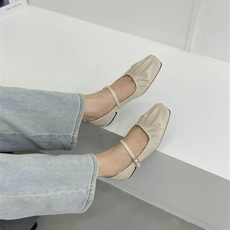 LBSFY -Women Flats Brand Design Square Toe Women Ballet Shoes Casual Buckle Strap Female Dress Shoes Low Heels Mujer