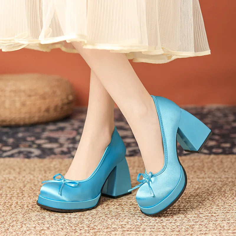 LBSFY  -   Women High Heels Lolita Shoes Platforms Block Heel Ballerinas Zapatos Mujer Satin Pumps