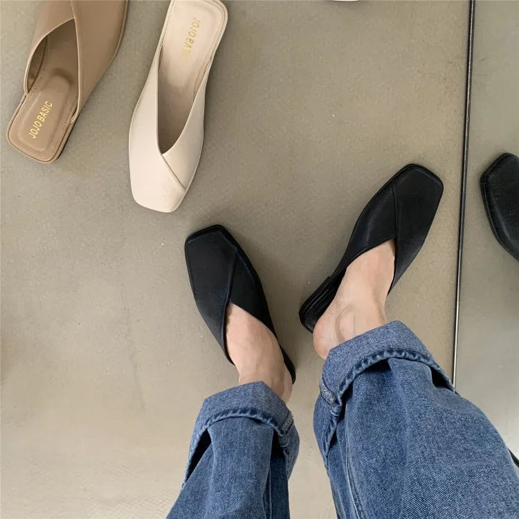 LBSFY -Flat Half Drag Slippers Square Toe Sandals 2025 Spring/Summer Outside Wear Casual Soft Bottom Mules Low Heel Sapatos Femininos