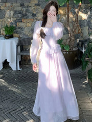LBSFY -Elegant French Romantic Ruffles Chiffon Purple Women's Dresses Square-Collar Slim Waist Long Sleeves  korean Dress Vacation New