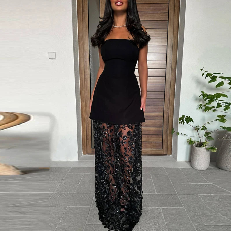 LBSFY  -  Elegant Embroidered Mesh Patchwork Long Dress Fashion High Waist Solid Evening Dress Women Sexy Off Shoulder Banquet Party Dress