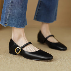 LBSFY  -  Low Heels Women Pumps Fashion Buckle Strap Mary Janes Genuine Leather Spring Summer Casual Working Shoes Woman 2024 White Heels