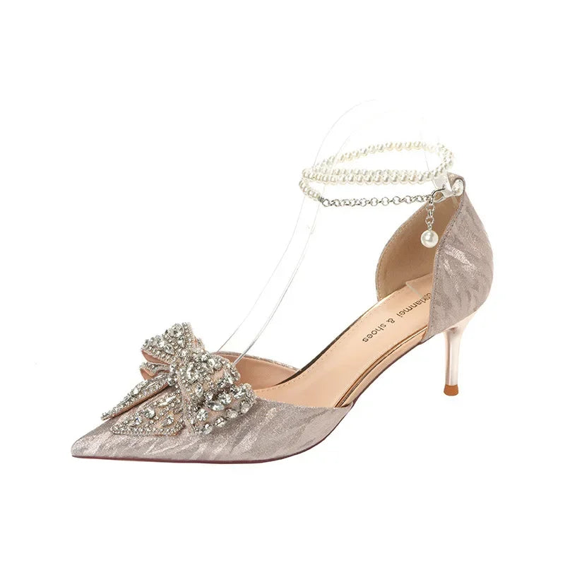 LBSFY -Spring Summer Fashion Pointed Toe Sandals Women's Rhinestone Pearl Butterfly Gold Silver High Heels Party Wedding Heeled Shoes