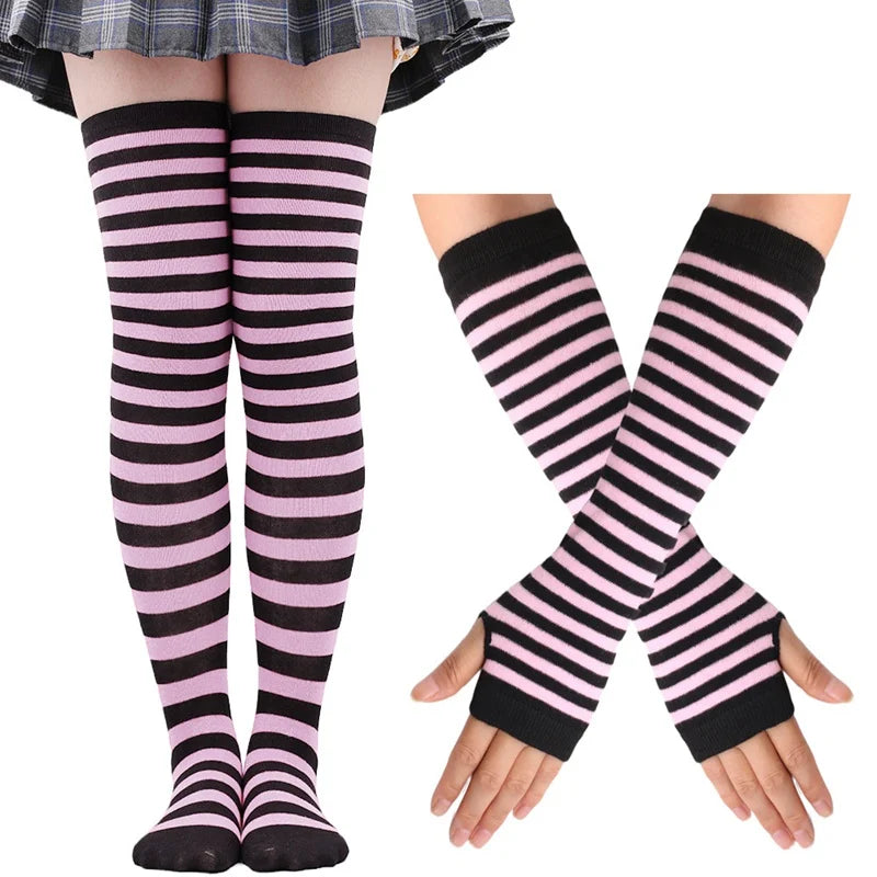 Lbsfy 1 Set Women Girls Over Knee Long Stripe Thigh High Cotton Gothic Lolita Socks Arm Sleeve Gloves Sweet Cute Black Overknee Socks