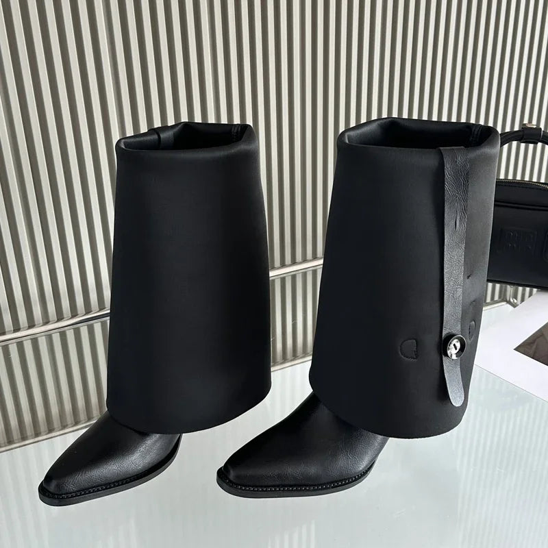 LBSFY -Winter Punk Style Women Knee-High Boots Designer Square Heels Buckle Strap Shoes Ladies Booties Zapatillas De Mujer