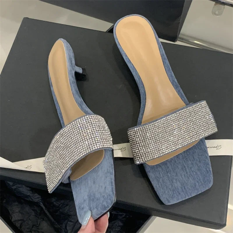 LBSFY -Summer Fashion Bling CRYSTAL Diamonds Square Toe Women Slippers Low Heels Party Dress Mules Slide Shoes