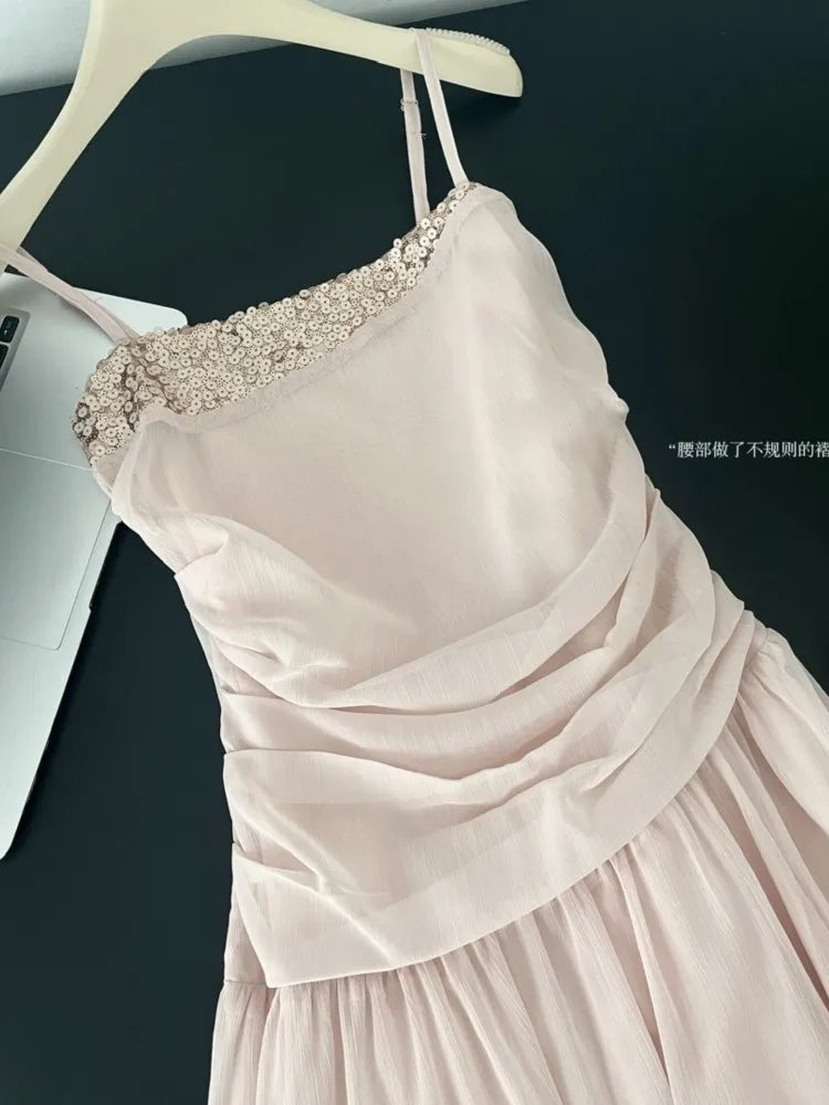 LBSFY -Summer Elegant Vintage Sequin Women's Sling Dresses Pleated Spaghetti Strap Sleeveless Midi Dress Party Holiday New Vestidos
