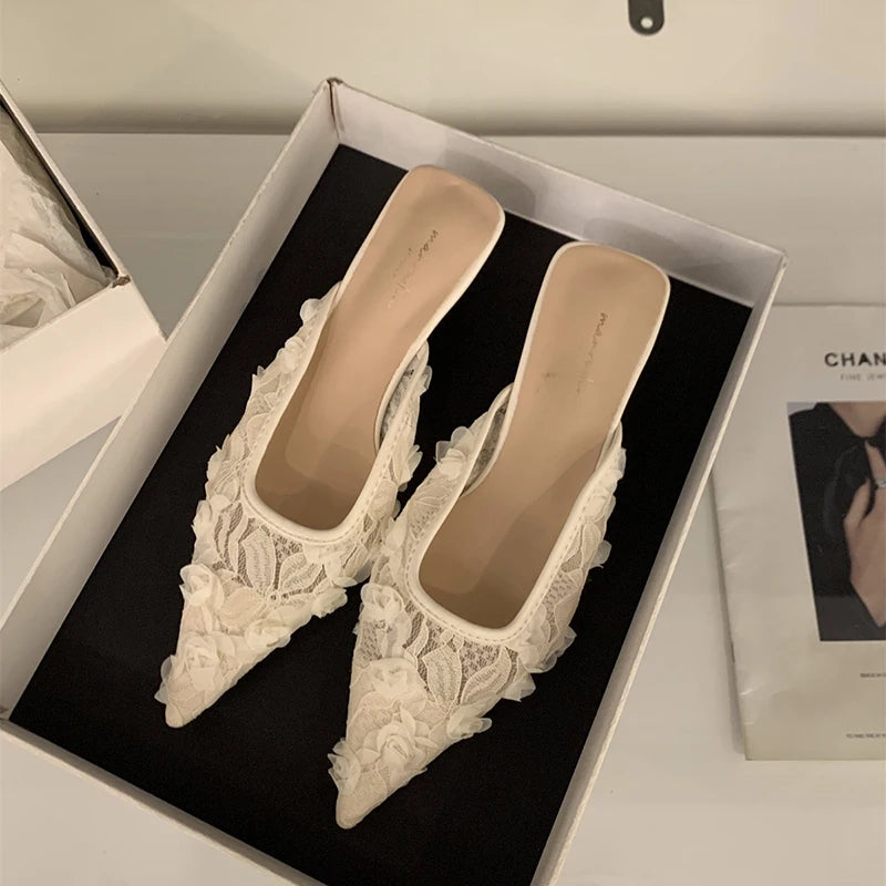 LBSFY - Summer Women's Fashion High Heel Mules Slippers Elegant Cover Toe Dress Lace Slides Ladies Dancing Party Prom Shoes