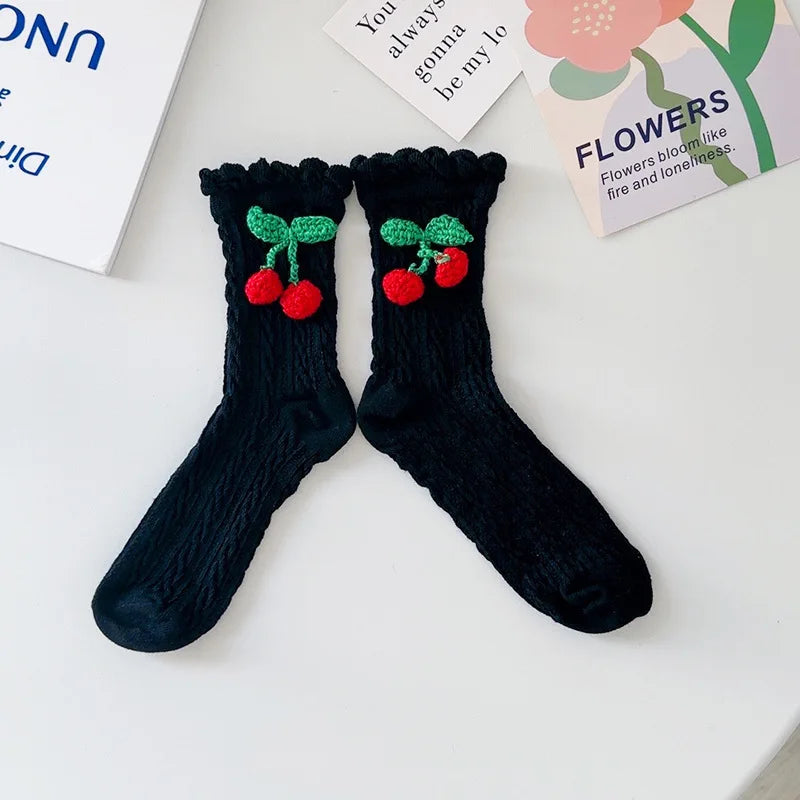 Lbsfy women cotton socks Japanese solid color cherry sweet spring Lolita princess white socks girls gift female