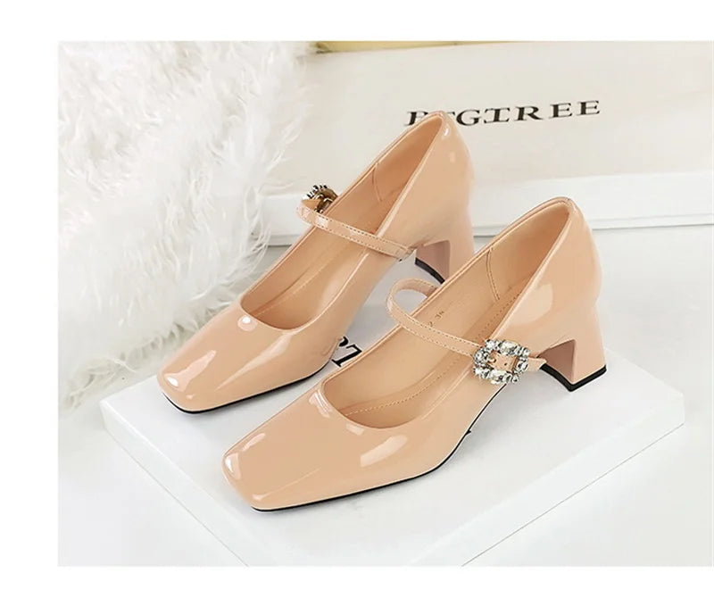 LBSFY -Banquet Mary Jane Women Single Shoes Square Toe Light Mouth Patent Leather One-Striped Rhinestone Buckle Thick Heel Medium Heel