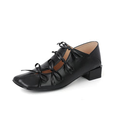 LBSFY  -  2025 Women Genuine Leather Square Toe Thick Heel Mature Sweet Dating Bowtie Party Wedding Shoes Woman Prom Pumps