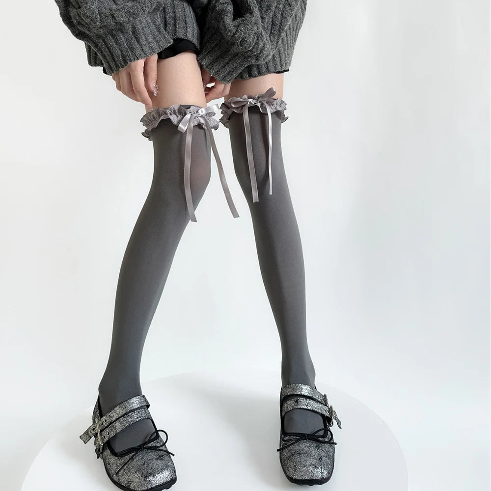 Lbsfy Sexy Sweet Soft Thigh High Stockings JK Lolita Style for Girl Long Socks Stockings Japanese Style Lace Bowknot Knee High Socks