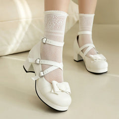 LBSFY  - Plus Size 34-48 Women Lolita Cosplay Shoes Girls Sweet Bows Heart-Shaped Buckle Platform Cross Strap Block Heel Mary Jane Pumps