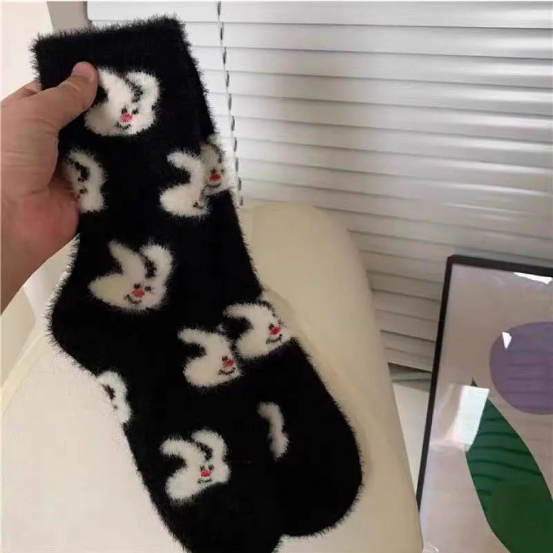 Lbsfy Mink Velvet Socks Women Autumn Winter Cartoon Rabbit Cherry Soft Kawaii Cute Thicken Thermal Coral Velvet Sleep Plush Floor Sock