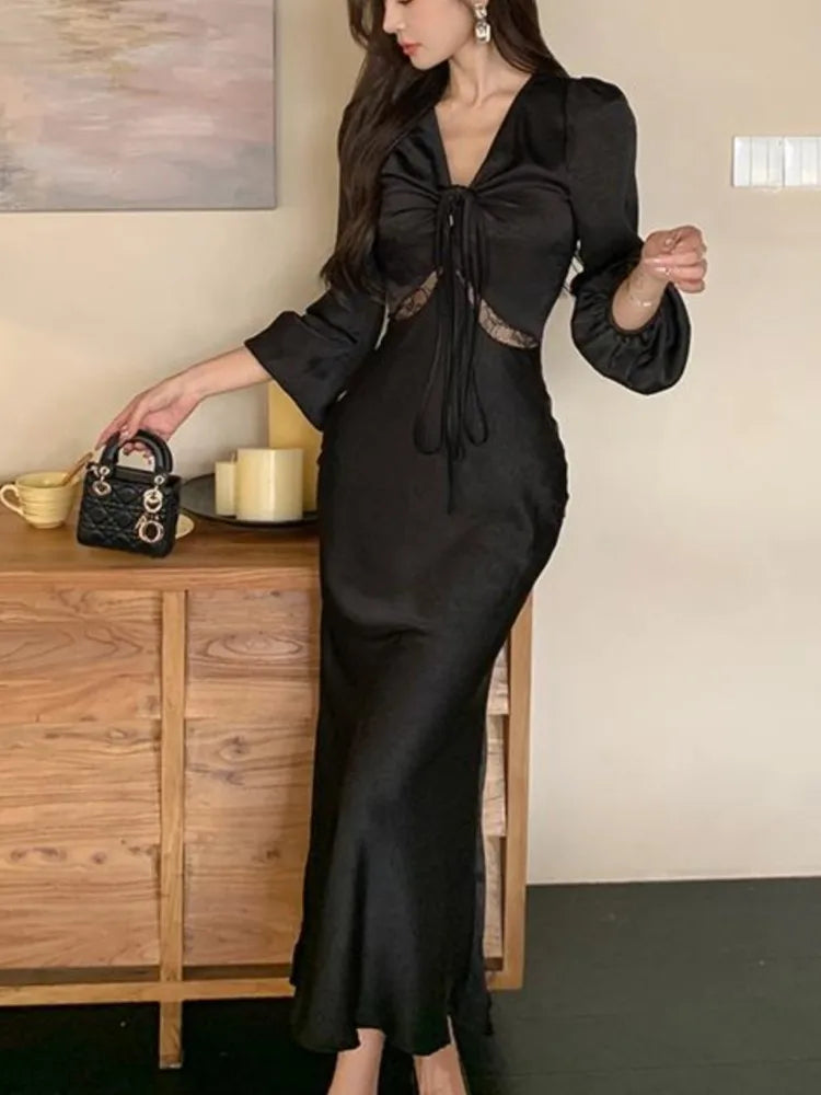 LBSFY -Autumn Satin Long Dresses for Women Long Sleeve Slim Mermaid Dress Vintage Solid Wedding Party Prom Robe Lace Up Vestidos Mujer