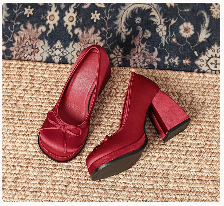 LBSFY  -   Women High Heels Lolita Shoes Platforms Block Heel Ballerinas Zapatos Mujer Satin Pumps