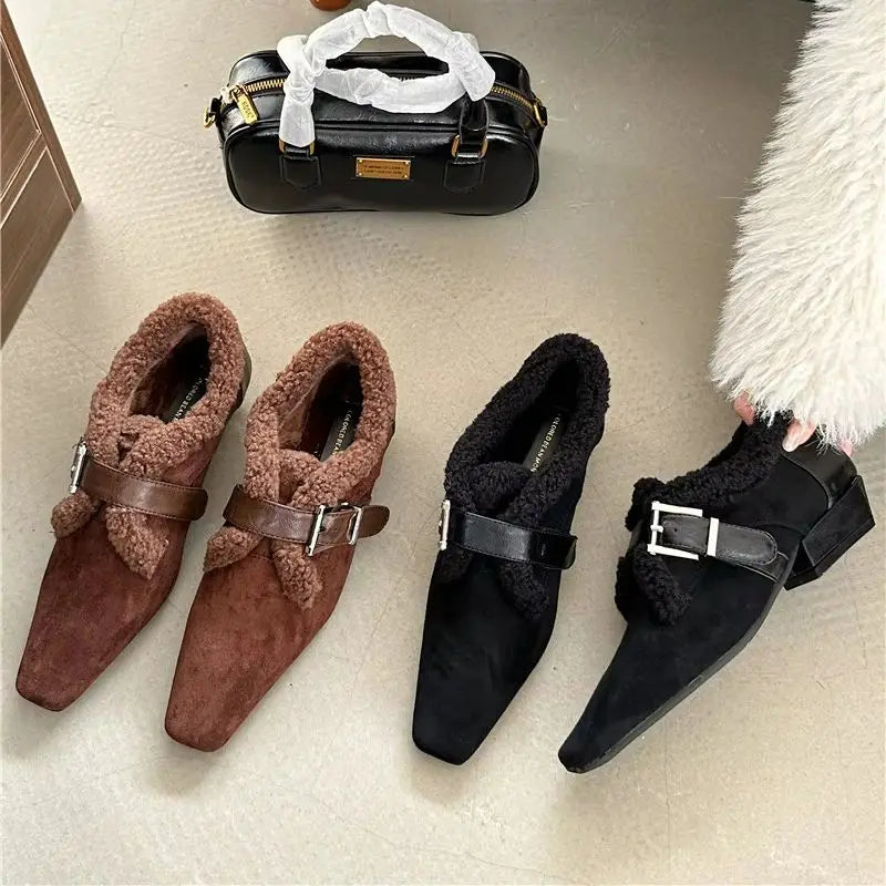 LBSFY  -  Fur Pointed Toe Women Flats Leather Elegant Buckle Flats Shoes 2025 Trend Fashion Designer Dress Loafers Shoes  Winter