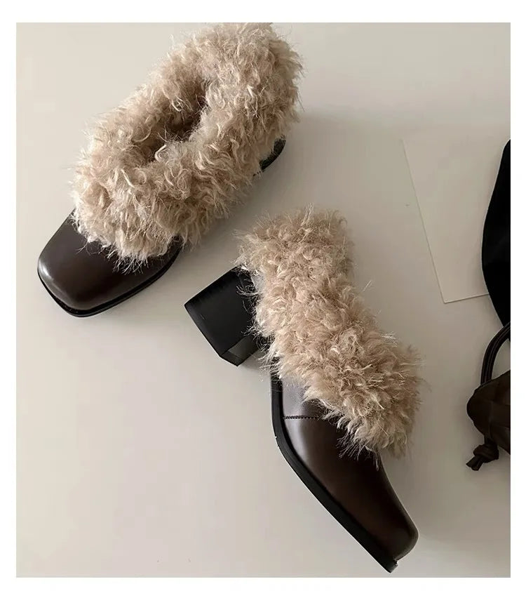 LBSFY  -  Square Toe Hairy Shoes with Retro and Plush Insulation, Mary Jane's Small Leather Shoes, Cotton Shoes, Coarse Matching Shoes