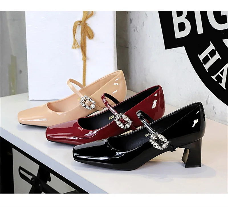 LBSFY -Banquet Mary Jane Women Single Shoes Square Toe Light Mouth Patent Leather One-Striped Rhinestone Buckle Thick Heel Medium Heel