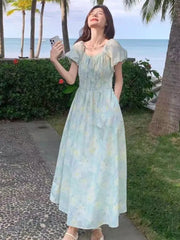 LBSFY -Women's Korean Print Elegant Long Dresses Summer New Elastic Puff Sleeveless Lace-up Dress 2025 Chic Holiday Vaaction Vestidos