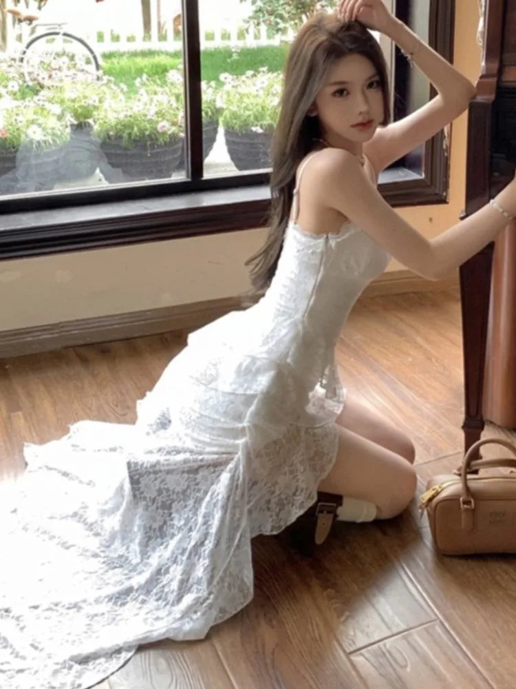LBSFY -Women's Summer Ruffle Sexy Dresses White Lace Spaghetti Strap V-Neck Silm Fit Dress Vacation Party Evening Vestidos Fashion New