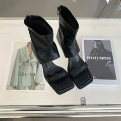 LBSFY -New 2025 Women's Fashion Short Open-Toe Ankle Boots Thin Heel Medium Height PU Leather round Toe Rubber Outsole Leisure Style