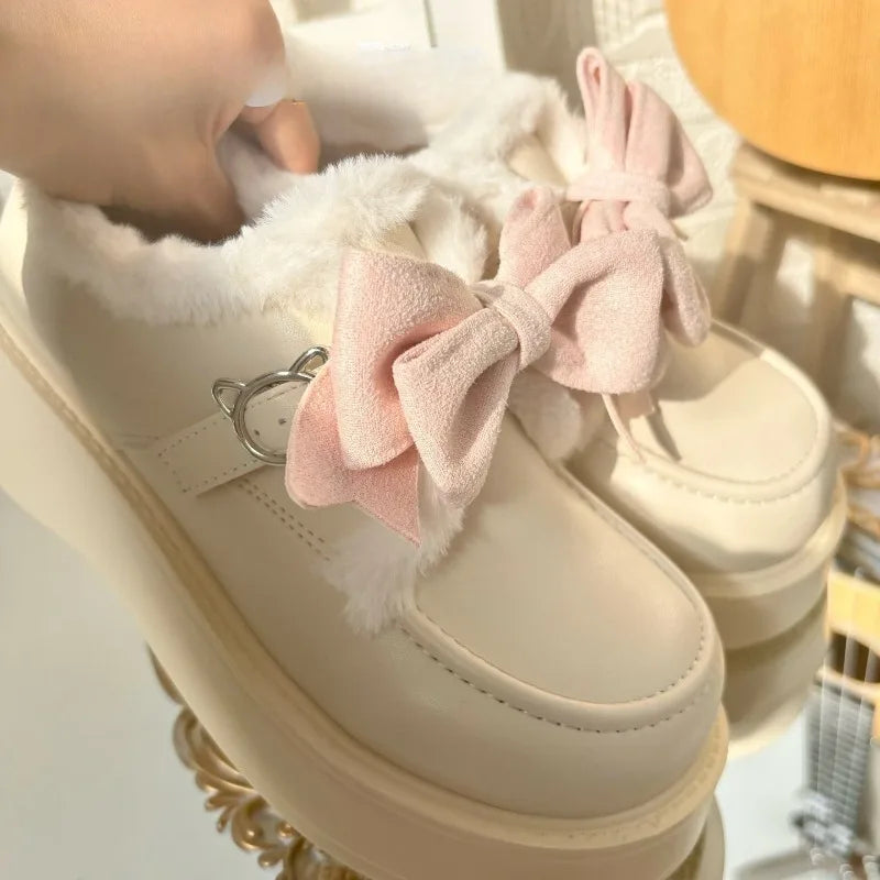 LBSFY  -  Cute Lolita Shoes for Women Warm Add Velvet Black Bow Tie White Round Toe Chic Kawaii Hairy Platform Womens Casual Shoes