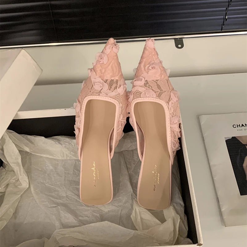LBSFY - Summer Women's Fashion High Heel Mules Slippers Elegant Cover Toe Dress Lace Slides Ladies Dancing Party Prom Shoes
