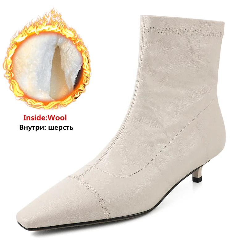 LBSFY  -  Plus Size 34-41 New Genuine Leather Boots Women Zipper Pointed Toe Mid Heels Autumn Winter Ankle Boos Wool Snow Boots