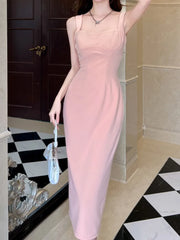 LBSFY -Women's French Vintage Solid Sling Dresses Summer Elegant Square-Collar Split Sexy Zipper Midi Dress Office Lady Party Vestidos