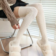 Lbsfy Wool Socks Woman Autumn/Winter Solid Color Thigh High Medias Lolita Thick Warm Stockings Black White Long Leg Socks for Female