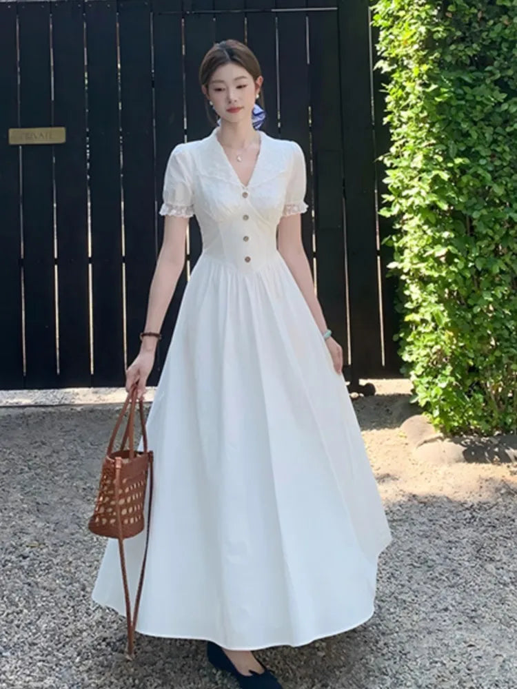 LBSFY -French Elegant Lace Long Dress Summer V-Neck Puff Sleeve Single Breasted Woman Dresses Office Lady Casual 2025 New Vestidos