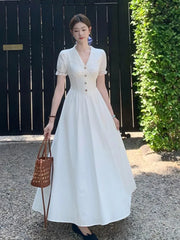 LBSFY -French Elegant Lace Long Dress Summer V-Neck Puff Sleeve Single Breasted Woman Dresses Office Lady Casual 2025 New Vestidos