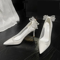 LBSFY  -  Size 33-42 White Wedding Shoes Women Lace Mesh High Heels Stiletto Thin Heel Wedding Bride Shoes Bow Dress Shoes