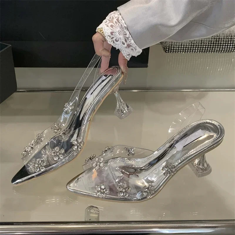 LBSFY -Sexy PVC Transparent Crystal Diamond Flower Woman Pumps Elegant Slingbacks Pointed Toe High Heels Party Shoes
