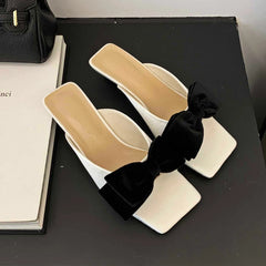 LBSFY  -  Bow Tie Square Head Slippers Women High Heel Fashion Designer Sandals Female Summer Flip Flops Low Heel Mueller Slippers Women