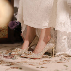 LBSFY  -  High heels, wedding shoes, banquet shoes, feminine temperament, slim heels, sexy bridesmaids, golden pointed little fragrance