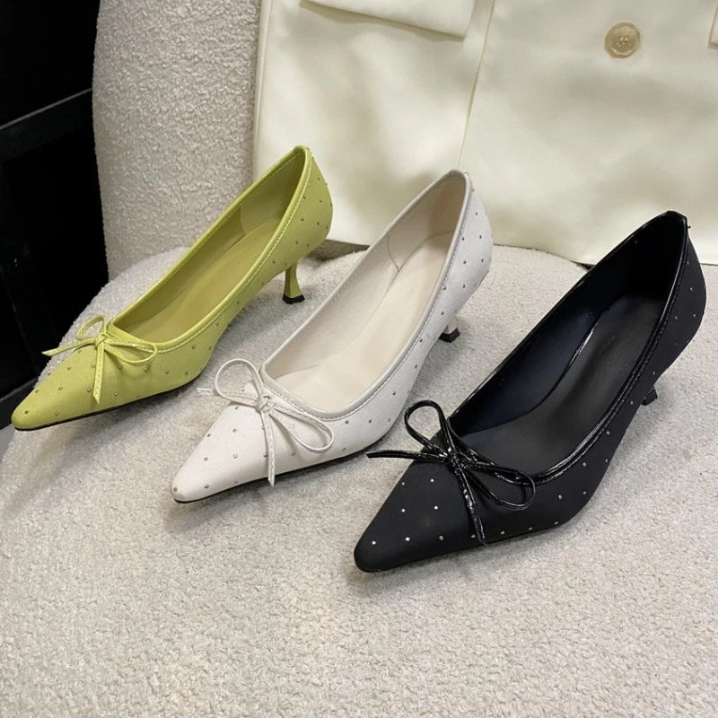 Lbsfy Fashion Elegant High Heels Women Butterfly-knot Pointed Toe Shallow Dress Shoes Comfort Low Heel Office Shoes Zapatos De Mujer
