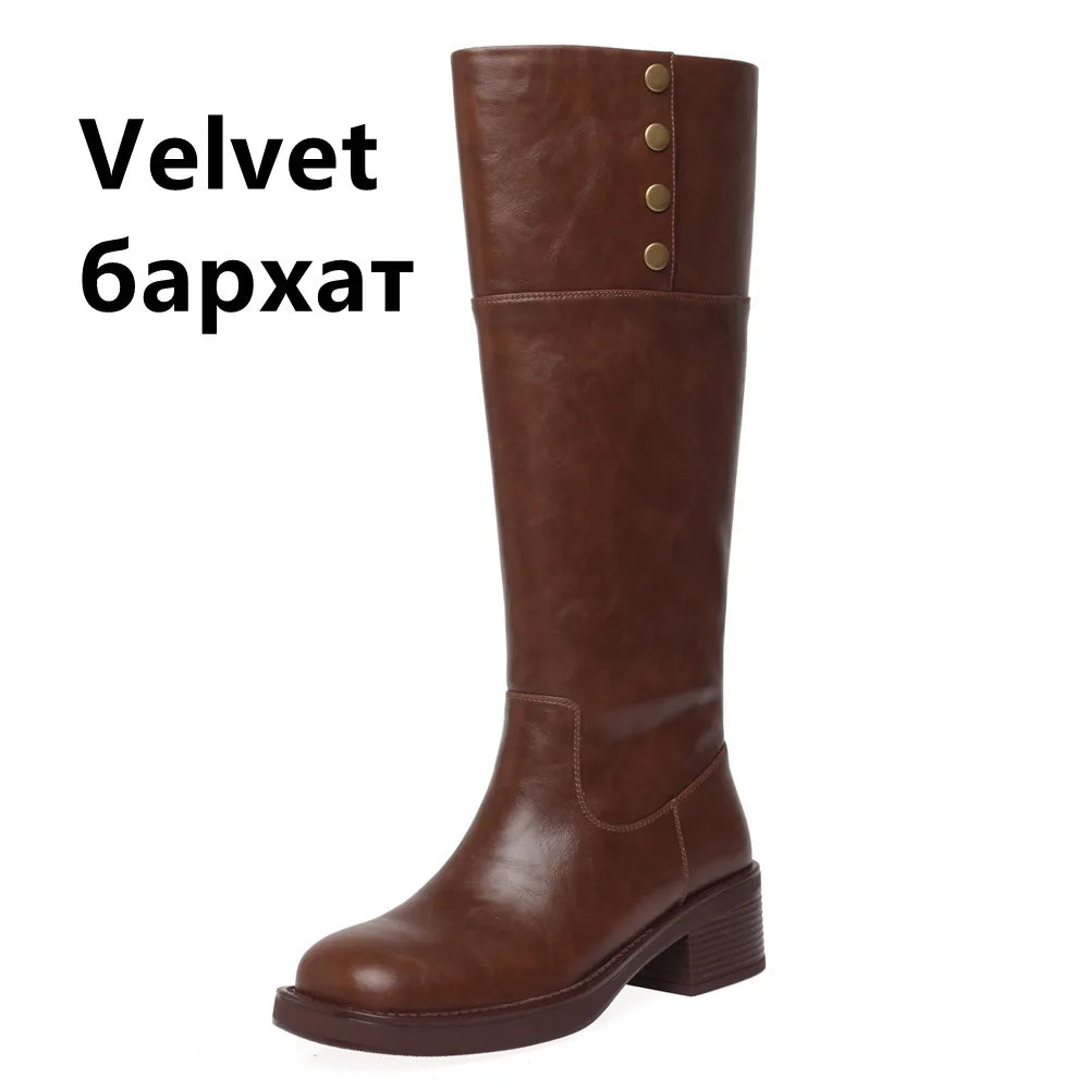 LBSFY  -  Vintage Women Knee-High Boots Genuine Leather Thick Heels Shoes Woman Basic Office Lady Autumn Winter High Boots Retro