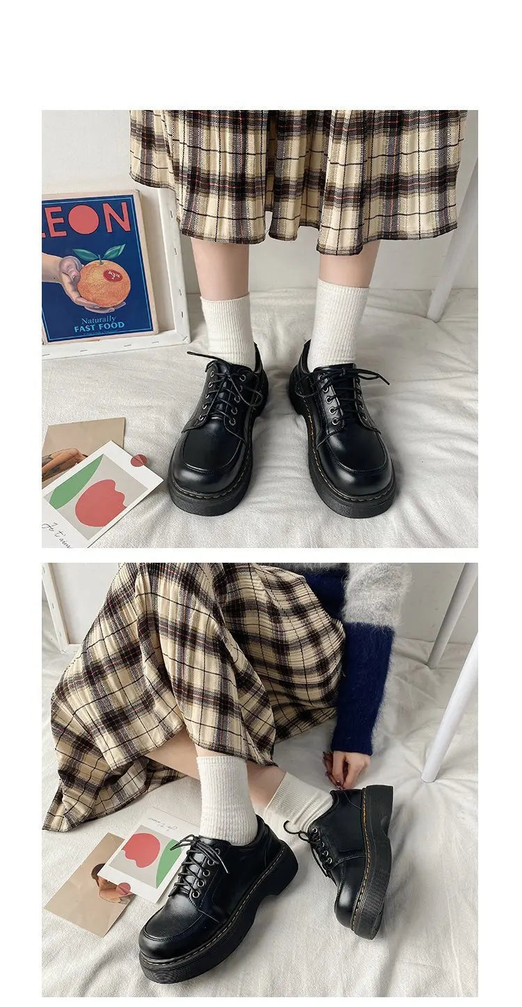 LBSFY -Mary Jane Women Pumps 2025 Spring Solid Lace-up Platform Shoes Round Toe Casual Zapatillas Mujer Black 4.5CM High Zapato De Tacón