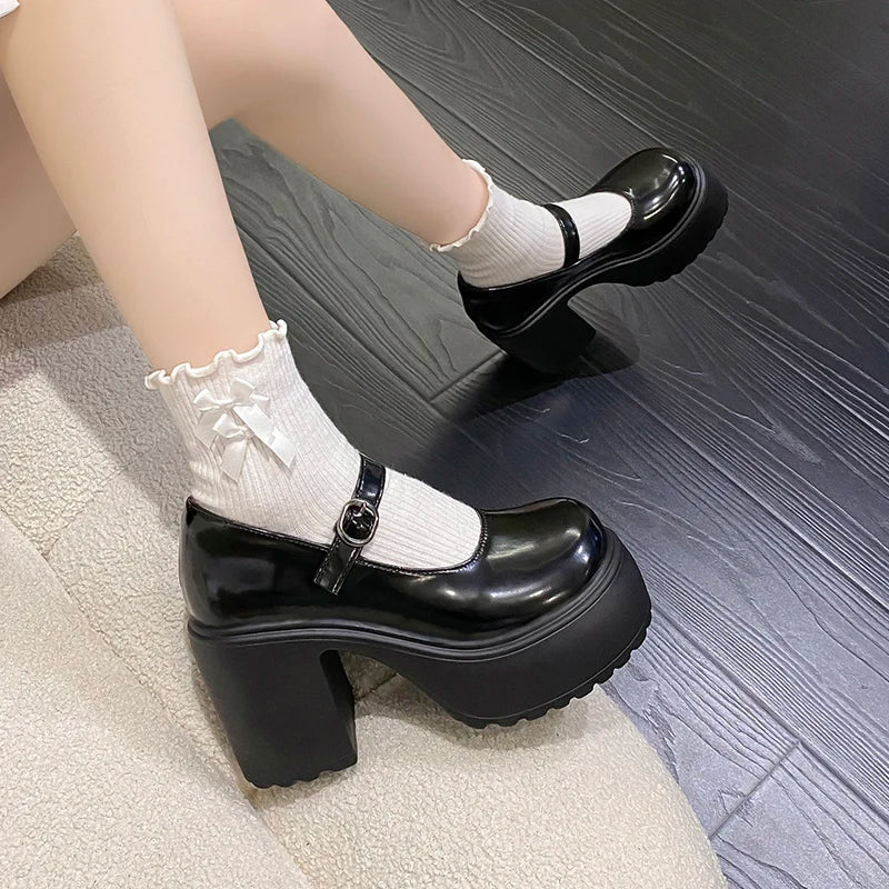 LBSFY  -  High Heels Platform Chunky Pumps Women 2024 Pu Leather Ankle Buckle Mary Jane Shoes Woman Thick Heeled Goth Lolita Shoes Female