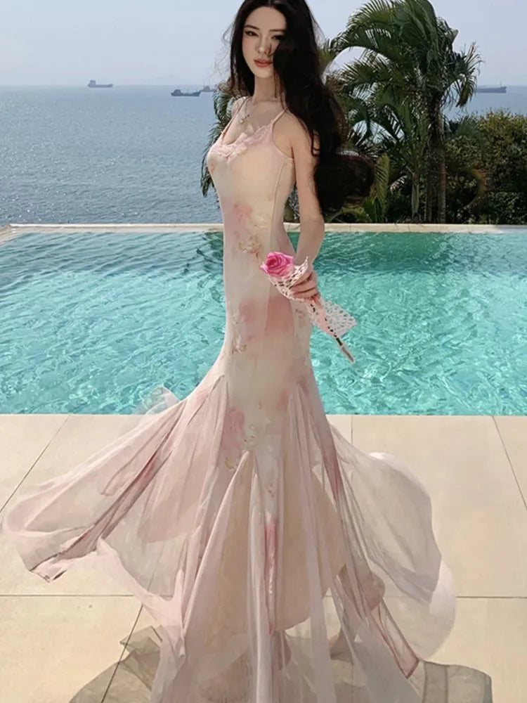 LBSFY -Elegant Print Long Dresses for Women Sexy Spaghetti Strap Bodycon Birthday Party Mermaid Dress Summer Slim Waist Vestidos Robe