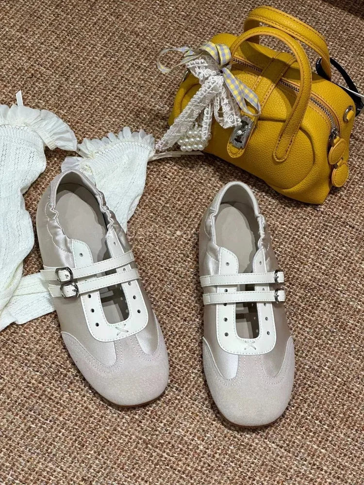 LBSFY -Silver Ballet Flats Women's Soft Leather Sport Mary Jane Ribbon Embellished Adult 1 Slip-on Casual Shoes