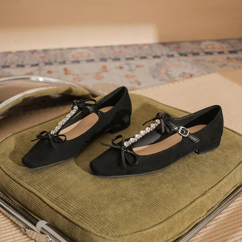 LBSFY  -  Crystal Chain Mary Jane Shoes Women Bow Soft Sole Square Toe Dress Shoes Shallow Female Suede Rhinestone Designer Shoes Women