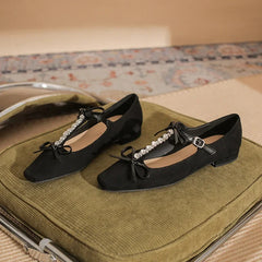 LBSFY  -  Crystal Chain Mary Jane Shoes Women Bow Soft Sole Square Toe Dress Shoes Shallow Female Suede Rhinestone Designer Shoes Women