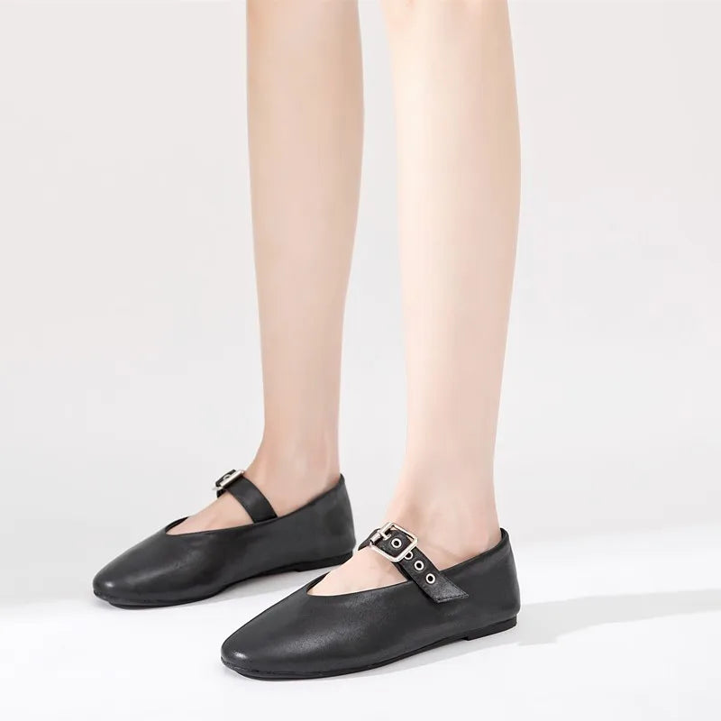 LBSFY  -   Women Mary Jane Shoes 2024 Autumn Natural Genuine Leather Vintage Women Shoes Pointed Toe Ballet Flat Casual Shoes Women