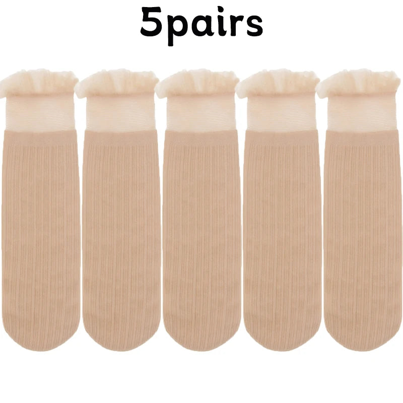 Lbsfy 5Pairs Transparent Lace Frilly Ruffle Socks Women Girls Velvet Ultra-thin Long Sock Summer Harajuku Hollow Out Sox Hosiery