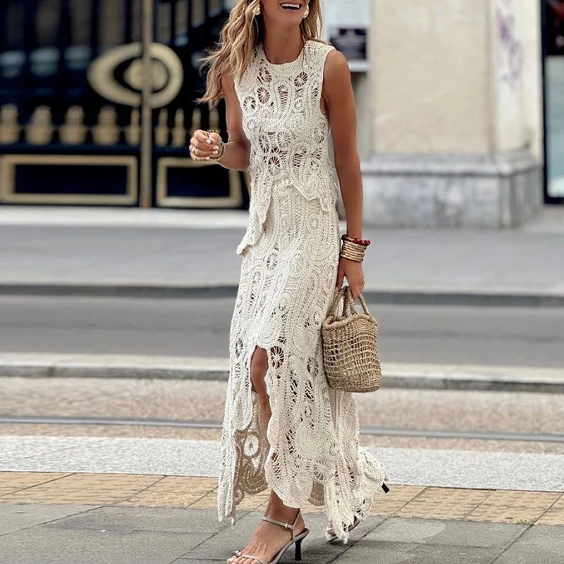 LBSFY  -  Sexy Embroidery Lace Jacquard Women Set Spring O-neck Sleeveless Vest Top & Slit Skirts Outfits Summer Irregular 2pcs Suit Mujer