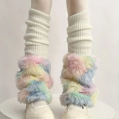 Lbsfy Cute Colorful Rainbow Leg Warmer Plush Imitation Fur Japanese Women Knitted Over Knee Tube  Winter Warm Long Leg Cover Socks